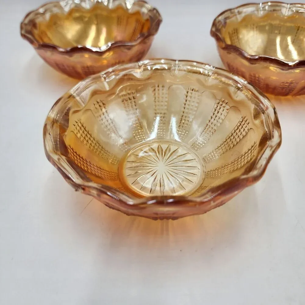 Set Of 4 Hazel Atlas Diamond Point Carnival Glass Iridescent Berry Dessert Bowls